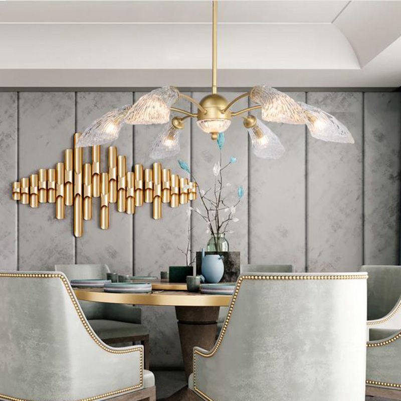 Lámpara de lámpara curva de vidrio transparente RETRO 6 luces de comedor de comedor en oro