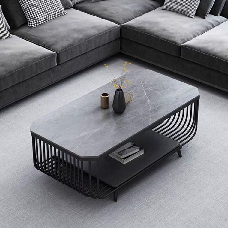 17.7" H Glam Rectangle Slate Coffee Table Iron 4 Legs Cocktail Table with Shelf