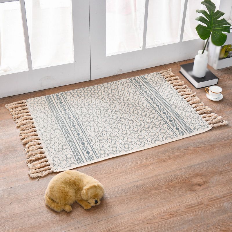 Bohemian Rug Cotton Fringe Carpet Non-Slip Backing Area Rug for Living Room