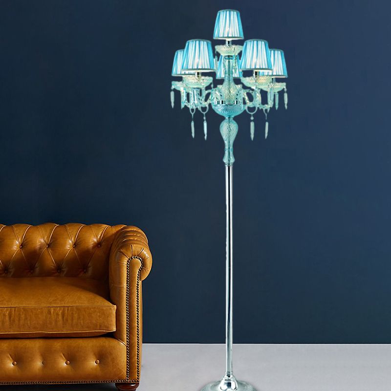 Azul 5/6/7 bombas Ligera de lámpara de lectura de candelabra de cristal tradicional con sombra plisada de barril
