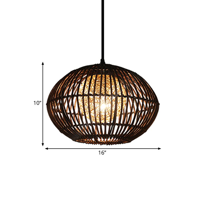 Spherical Cage Dining Room Ceiling Lamp Bamboo 1 Head Loft Style Hanging Pendant Light in Beige, 16"/21.5" Wide