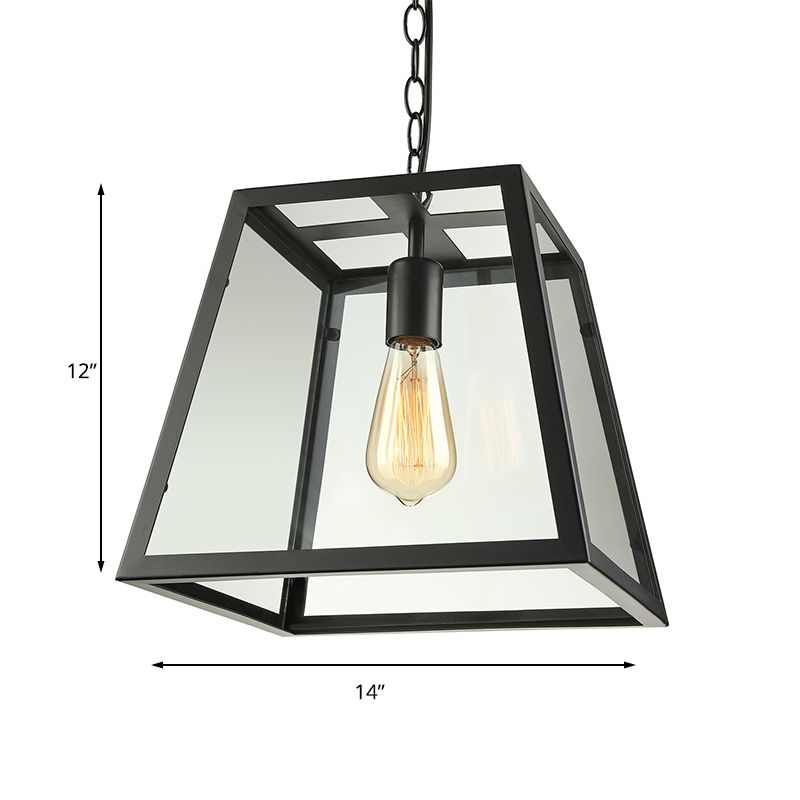 Industrial Trapezoid Pendant Lighting 1 Light Clear Glass Hanging Light Fixture in Black, 7" /12" Wide
