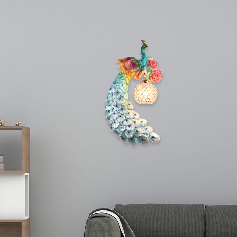 1/2-Pack Blue/Green Peacock Wall Light Fixture 8"/10" Wide 1 Head Retro Style Resin Wall Lamp with Crystal Global Shade, Left/Right