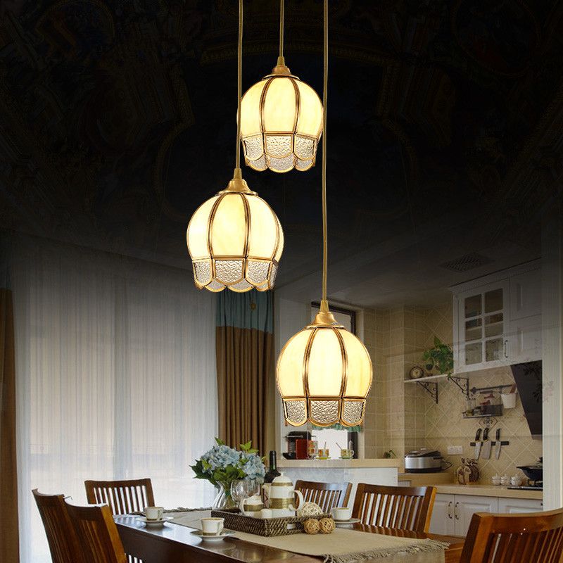 3 Heads Dome Shaped Multi Ceiling Lamp Simplicity Gold Ripple Glass Suspension Light Fixture