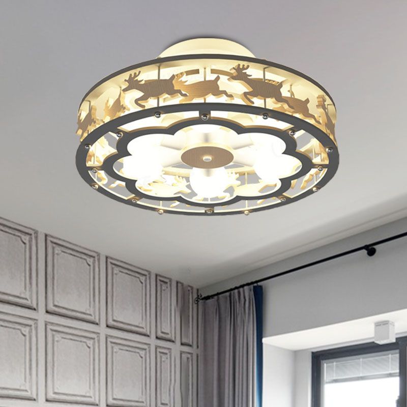 IJzeren trommel plafond verlichtingsarmatuur Noordse 6-bulb grijze semi-spoeling met houten elanden decor