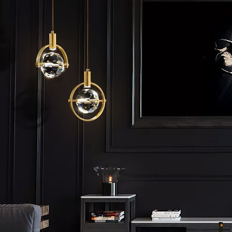 Crystal Block Mini Pendant Lighting Simplicity Brass LED Hanging Light for Bedroom