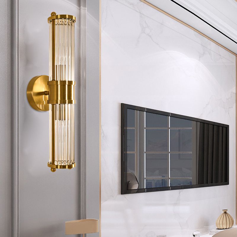 Brass Linear Wall Lamp Modern Stylish 2 Lights Clear Crystal Wall Light Sconce with Cylinder Shape