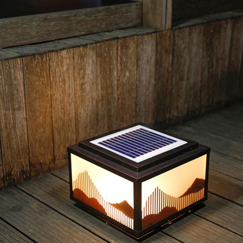 Rectangle Shape Metal Outdoor Light Modern 1 Light Solar Pillar Lamp in Brown