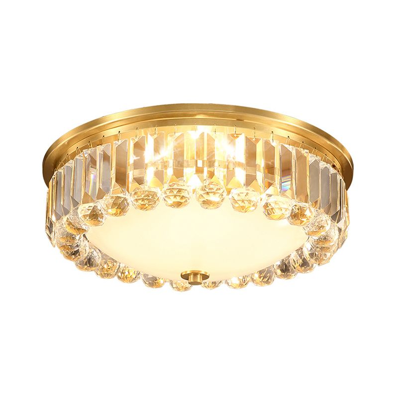 LED Flush Ceiling Light Country Bowl Frosted Glass Flush Mount Fixture in Brass with Round Crystal Edge