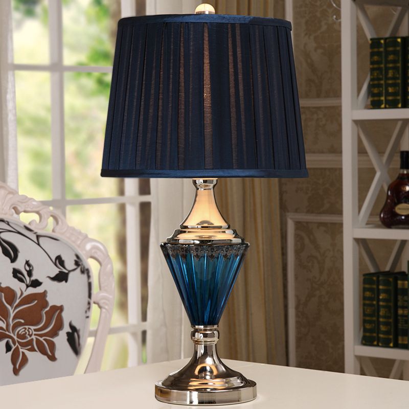 Blue Prismatic Glass Cone Night Light Vintage 1 Head Living Room Table Lamp with Pleated Shade in Black