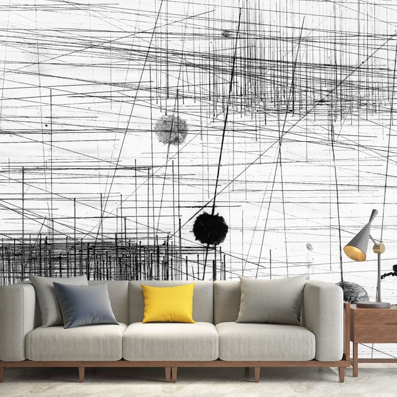 Abstract Line Sketch Wallpaper Murals Artistry Non-Woven Material Wall Decor in Black-Grey