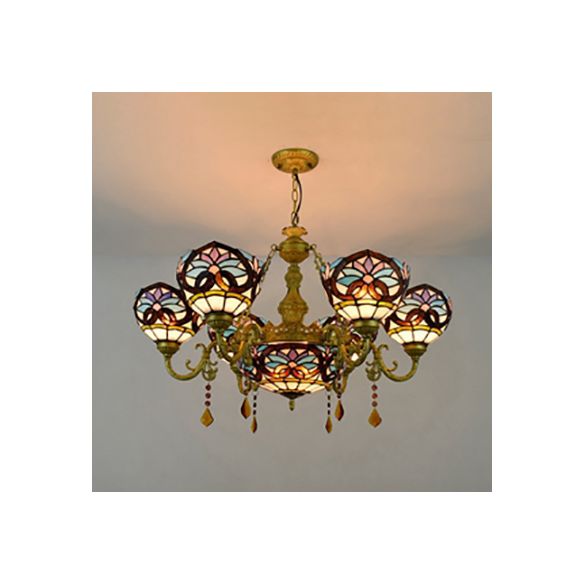 Stained Glass Bowl Shade Hanging Pendant Rustic 7 Lights Chandelier with Crystal in Blue for Bedroom