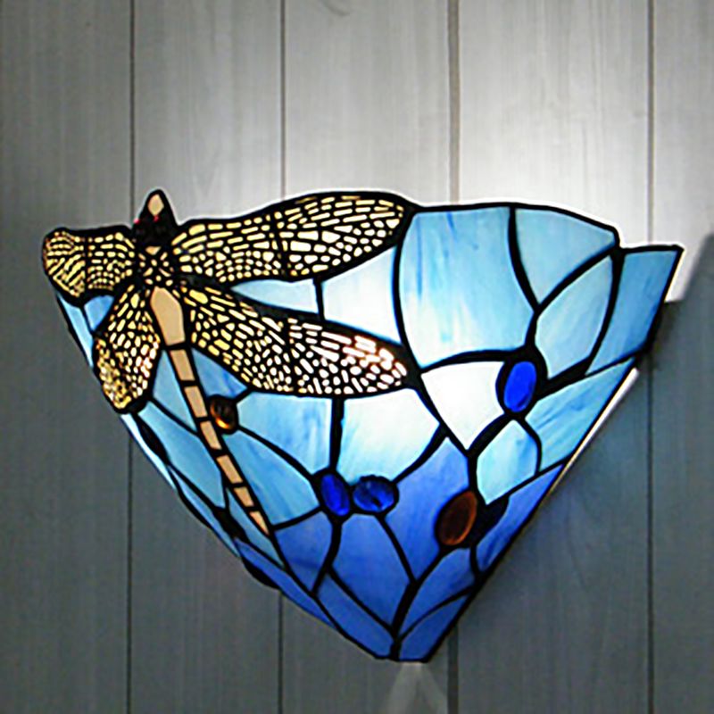 Cone Cut Glass Wall Mount Sconce Tiffany 1 Head Dragonfly Patterned Wall Hanging Light