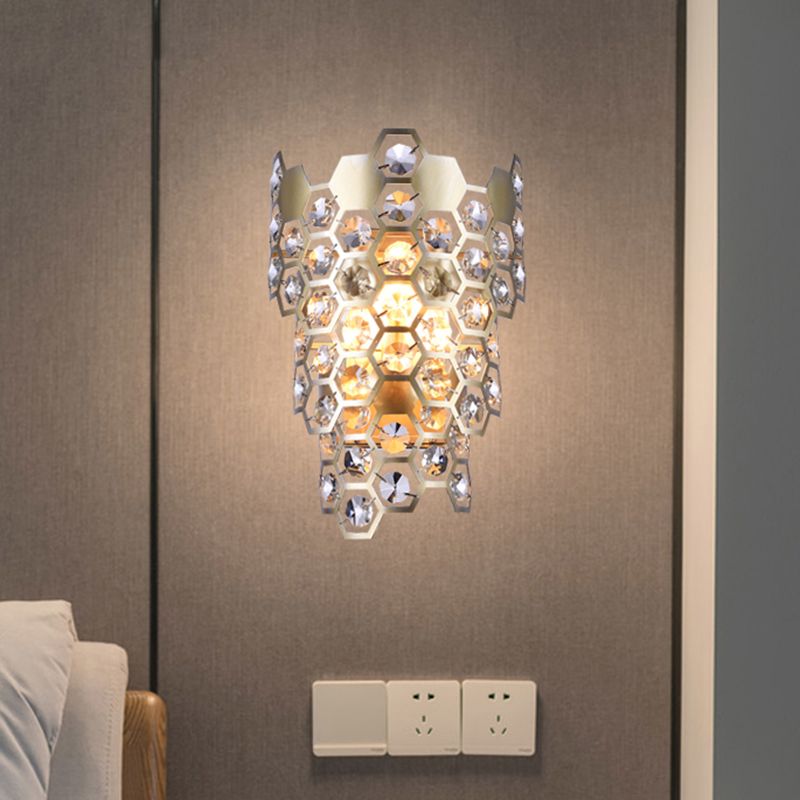 Contemporary Tapered Flush Wall Sconce 3 Bulbs Hexagon-Crystal Embedded Wall Mounted Light in Champagne