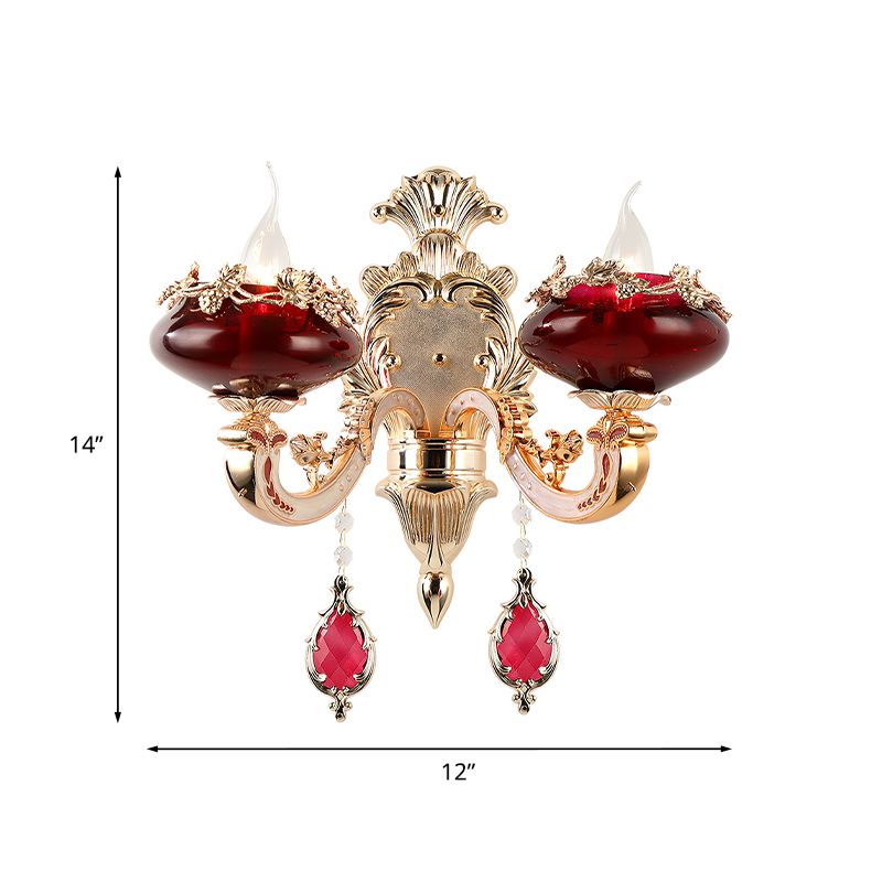 Retro Flameless Candle Wall Lamp 2-Head Burgundy Glass Sconce Lighting Fixture for Dining Room