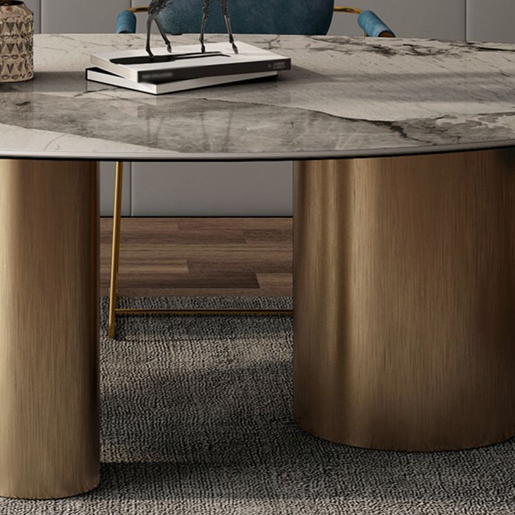 Traditional Luxury Oval Dining Room Table White Sintered Stone Table with 3 Gold Legs