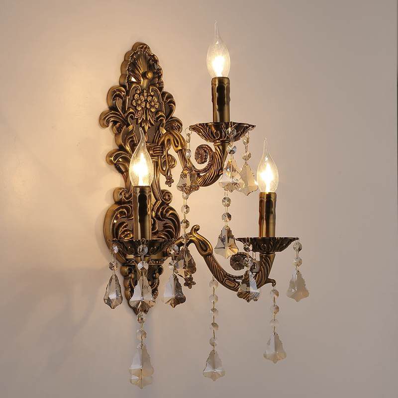 3 Heads Candle Wall Light Fixture Vintage Brass Metal Sconce Light with Crystal Drip Accent