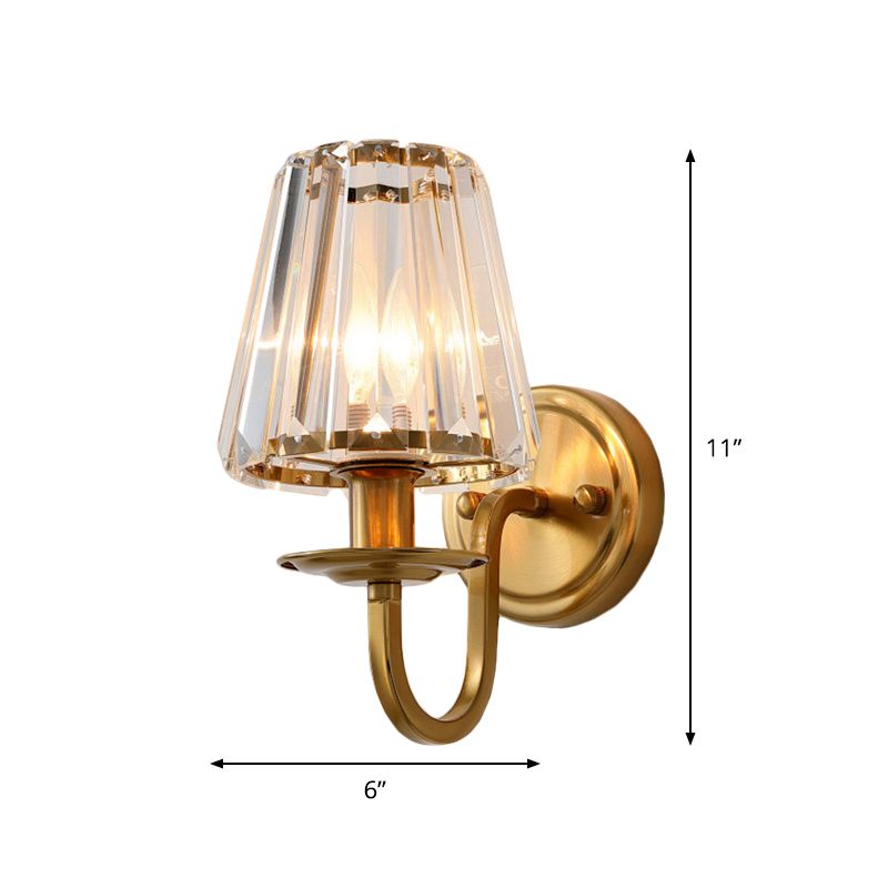 Luz de pared de cono moderna 1 cabezal 1 cabezal apliques de pared de cristal en oro con brazo arqueado