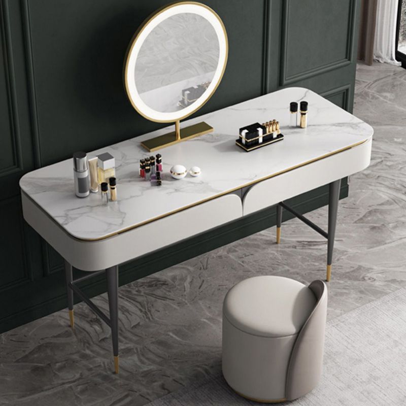39.37" Wide Vanity Set with Stool Stone Top Makeup Vanity Table in White