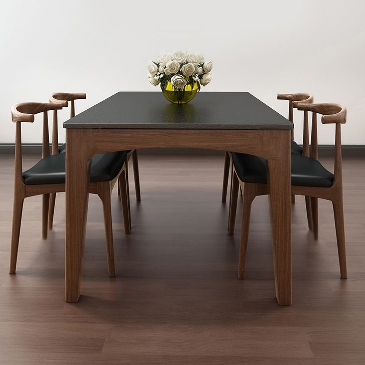 Mid-Century Sintered Stone Table Ash Wood 4 Legs Base Rectangle Table for Home