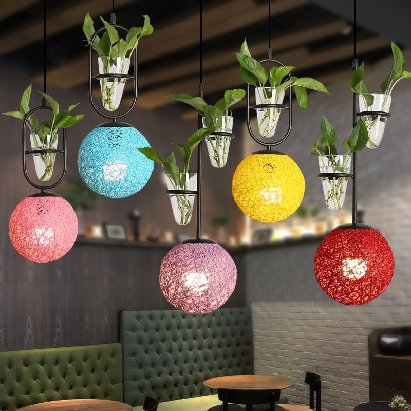 Single-Bulb Spherical Pendulum Light Decorative Rattan Hanging Lamp with Cone Glass Plant Container