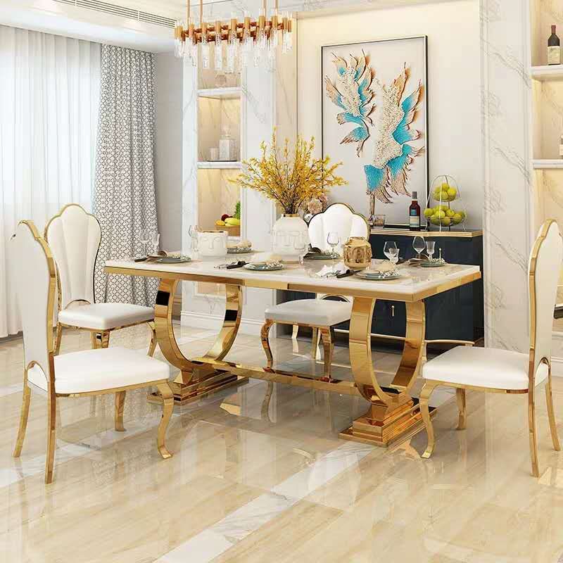 Marble Top Traditional Luxury Table Rectangle Dining Table with Trestle Base