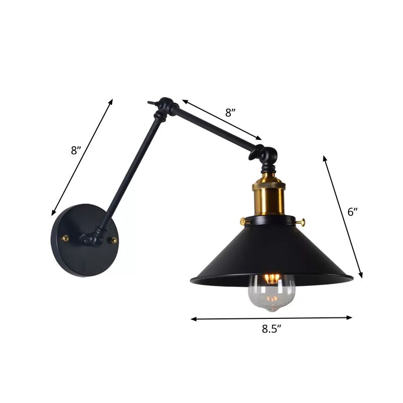 Eisenschwarz/Weiß-Brass-Lesen Wandlampe konische 1-Licht-Fabrikwandbeleuchtung mit 8 "+8"/12 "+12" breiter Schwungarm