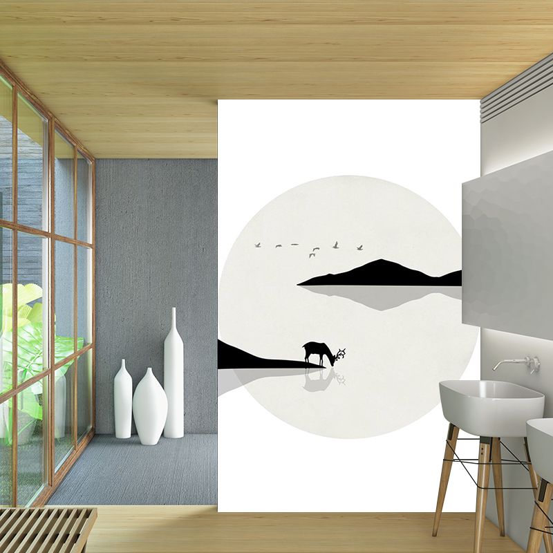 Minimalist Lakeside Deer Drinking Murals Black-White Stain Resistant Wall Covering for Home