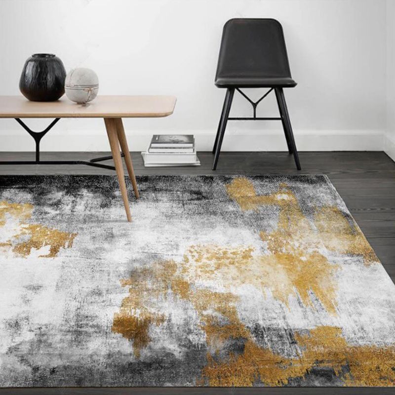 Yellow and Grey Contemporary Rug Polyester Abstract Rug Washable Non-Slip Backing Carpet for Living Room
