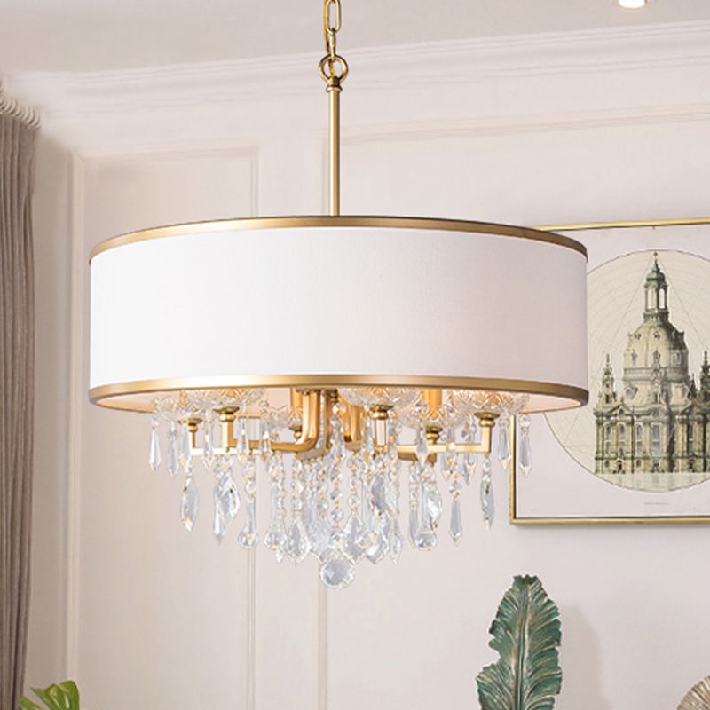 Drum Ceiling Chandelier Modernism Fabric 6 Bulbs Brass Hanging Pendant Light with Crystal Droplet
