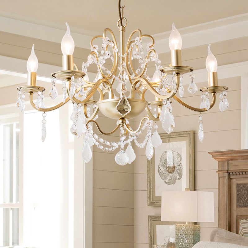 Lumière de lustre à bras courbe rustique 6/8 Lumières Éclairage pendentif en cristal en or pour la chambre