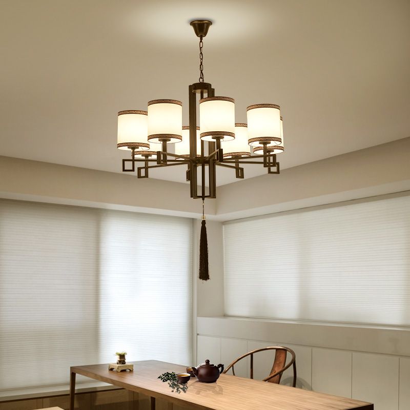 Cylindrical Fabric Suspension Lamp Retro Lobby Living Room Chandelier with Tassel
