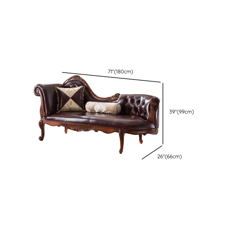 Traditional Dark Brown Genuine Leather Chaise Rolled Arms Tufted Accent Chair