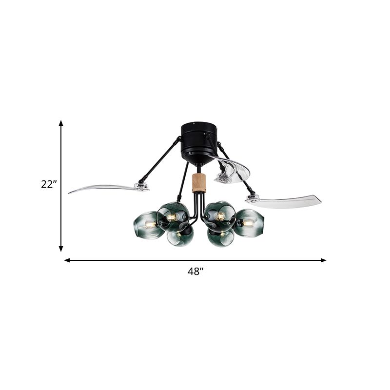 48 "W Bud plafondventilator Licht Modernistisch groen kuiltjes Glass 6 Lichten Zwart Semi Flush Mount Lamp met 3 heldere messen