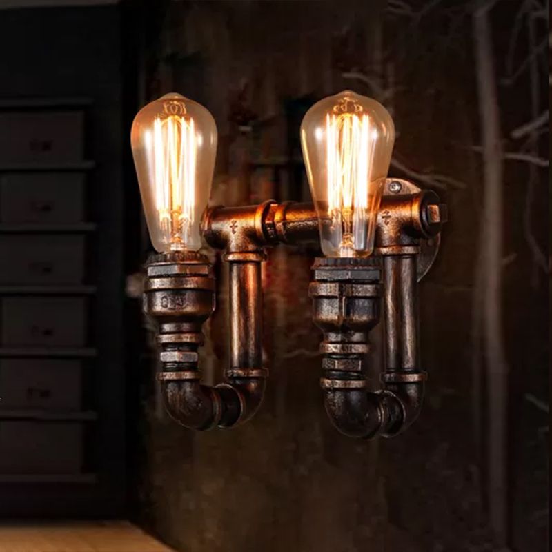 Water Pipe Iron Wall Light Fixture Vintage 2 Bulbs Restaurant Wall Mounted Lamp in Rust