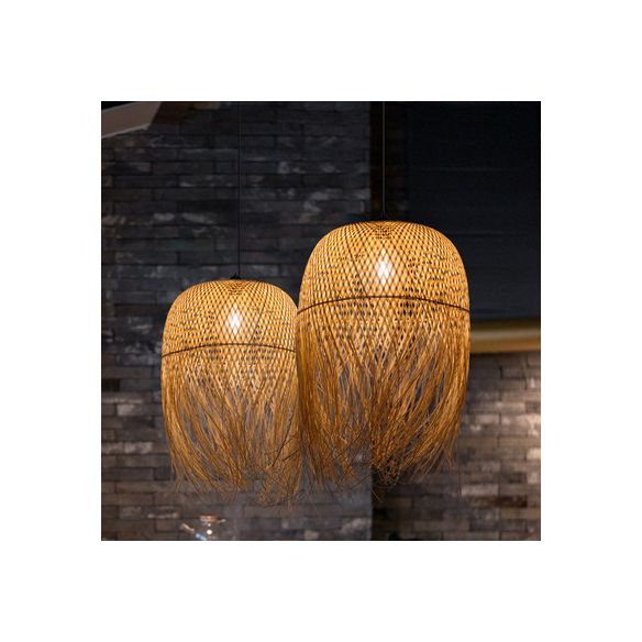 Beige Hand-Woven Pendant Asia Art Deco 1 Bulb Bamboo Hanging Light for Dining Table