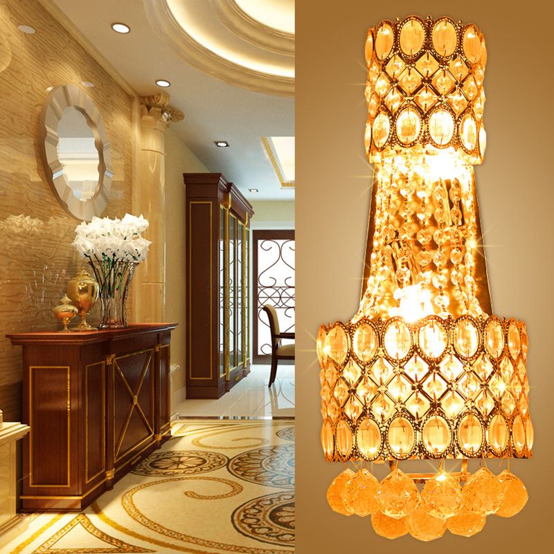 Beaded Wall Mount Light Vintage Metal 2 Bulbs Gold Wall Sconce with Cascading Clear Crystal Accents for Hallway