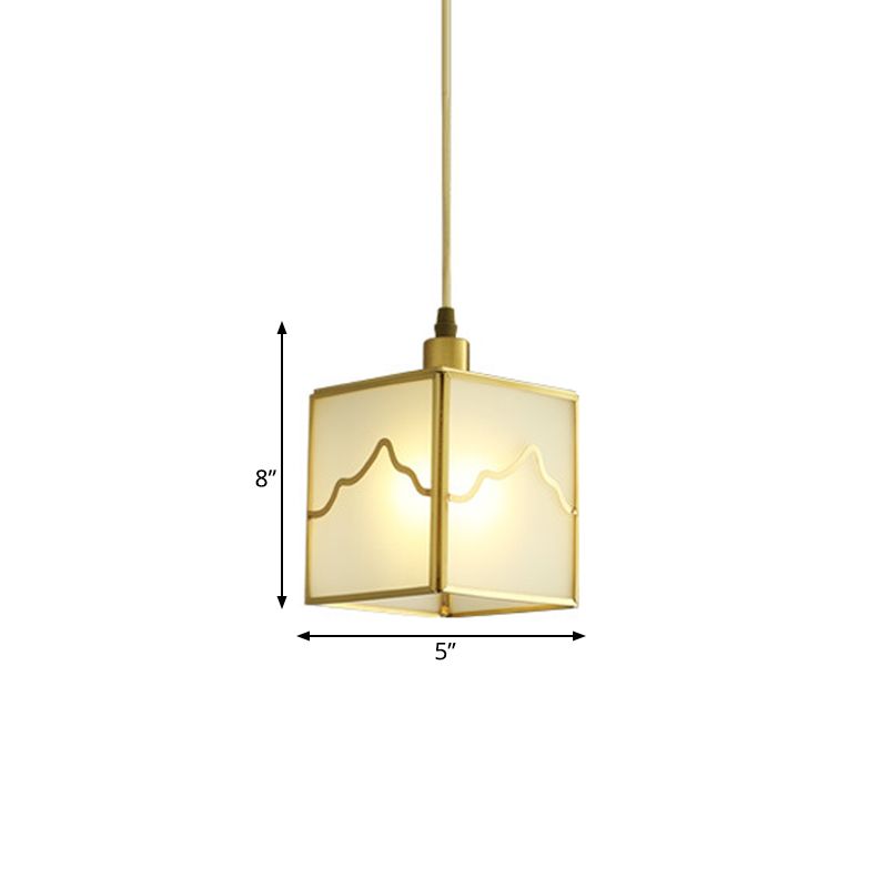 1-Light Cube Hanging Light Kit Minimalist Brass Finish Translucent Glass Suspension Lamp