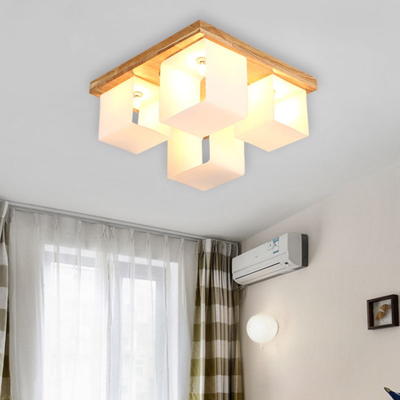 Cube Frame Flush Mount Fixture Japanese White Glass 4-Head Wood LED Flush Ceiling Lighting