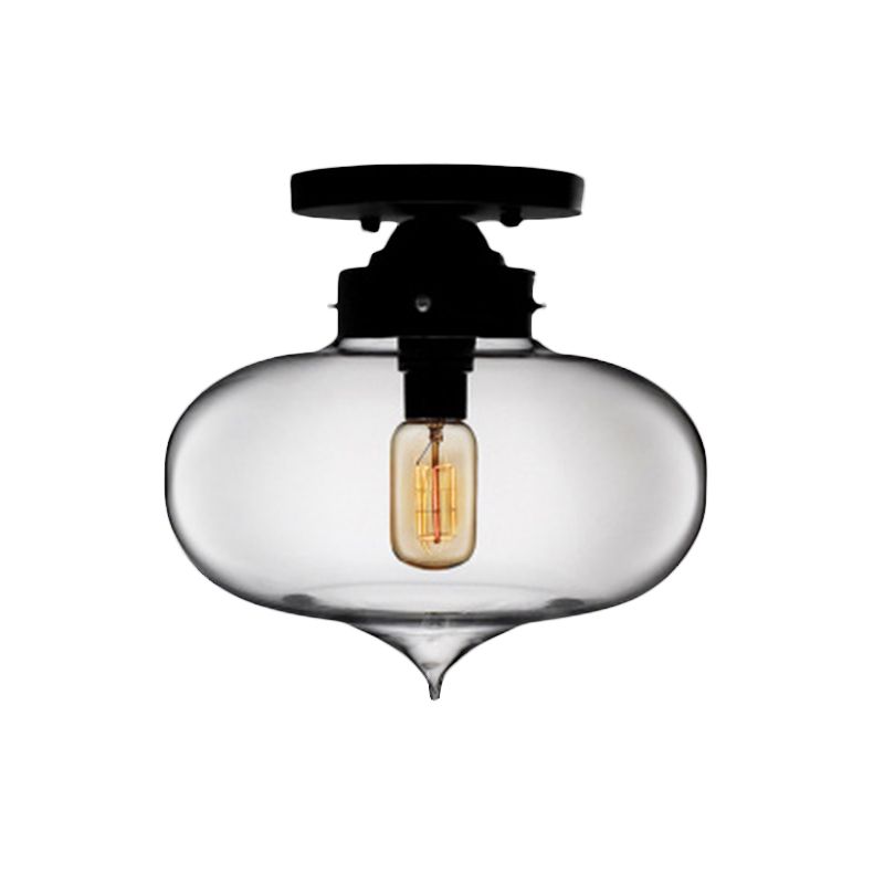 Black One Light Ceiling Mount Industrial Red / Brown / Amber Glass Oval Shade Semi Flush Light for Dining Room