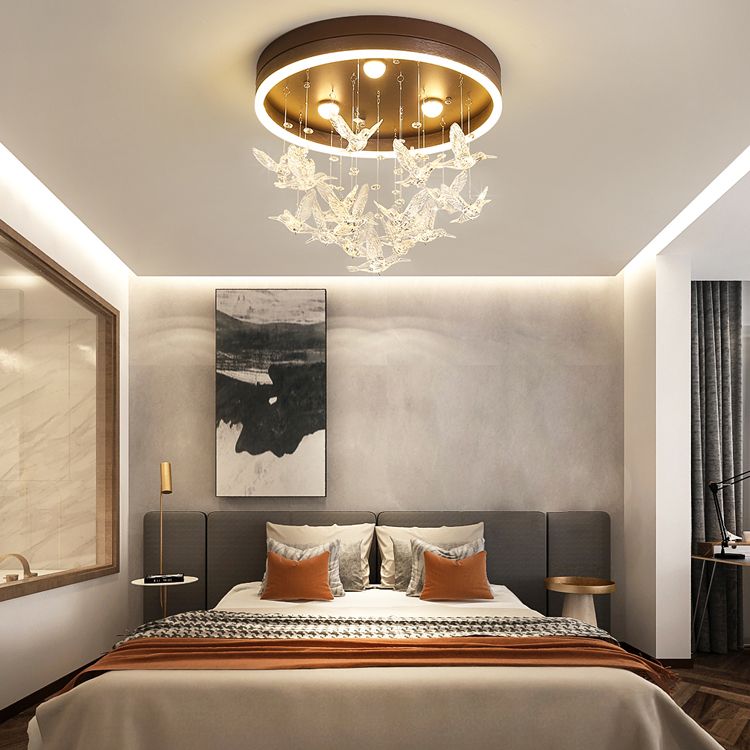 Round Flush Light with Clear Crystal Bird Modern LED Flush Mount Light for Bedroom