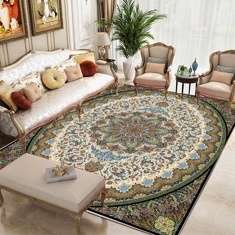 Tapis traditionnel vert Médaillon Médaillon Tapis lavable pour le salon