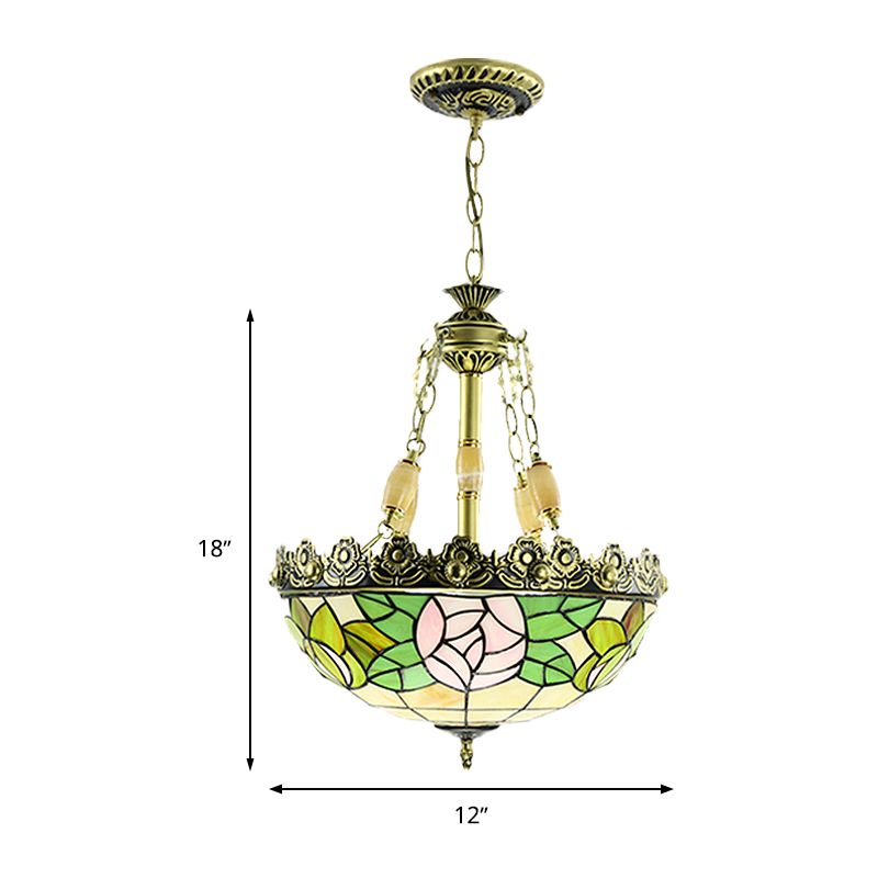 Tiffany Sunflower/Rose Chandelier 3/4 Lights Stained Art Glass Pendant Light Kit in Red/Green for Bedroom