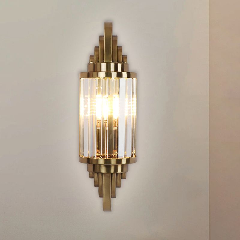 Clear Crystal Cylinder Wall Light Sconce Modern 1 Bulb Brass Flush Mount Wall Sconce for Bedside