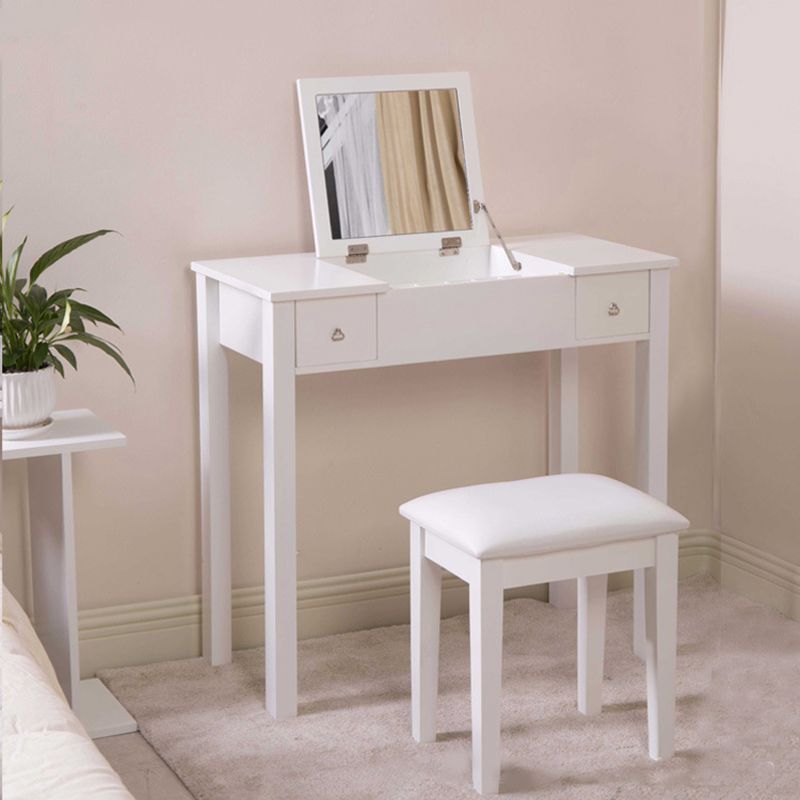 Flip Single Mirror Vanity Desk Double Drawers Straight Feet Dresser in White