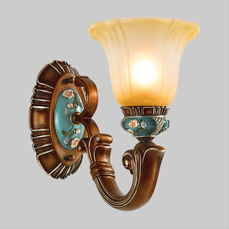 Brown 1-Head Wall Mounted Light Farmhouse Opaline Glass Blossom Etching Pattern Wall Sconce Lighting