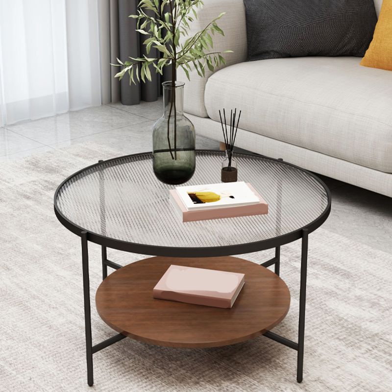 Round Glass Cross Legs Coffee Cocktail Table with Storage Shelf - 17.7" H