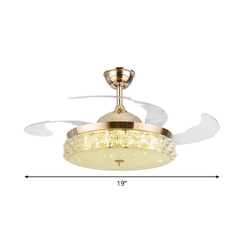 4-Blade-LED-Schlafzimmer Anhänger Lüfterlampe Moderne Gold Semi Flush Mount Light mit runden Schrägkristallschatten, 19 "breit