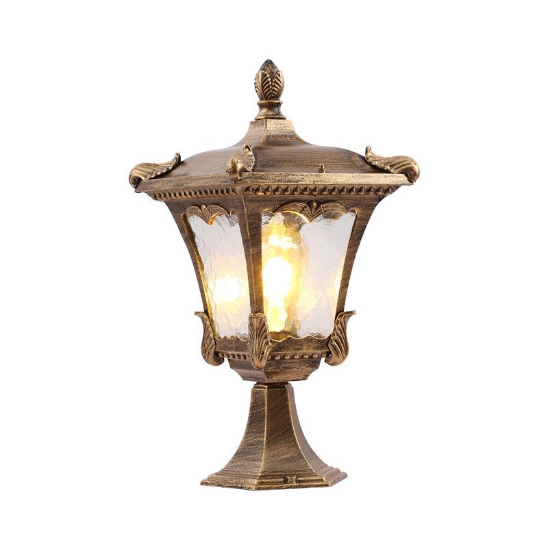 1 Bulb Post Lighting Vintage Flared Square Ripple Glass Landscape Lamp for Outdoor