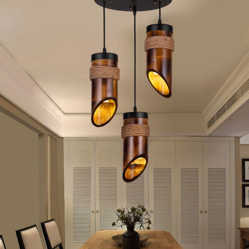 Tube Bamboo Hanging Lamp Three-light Retro Suspension Light in Brown for Dining Room